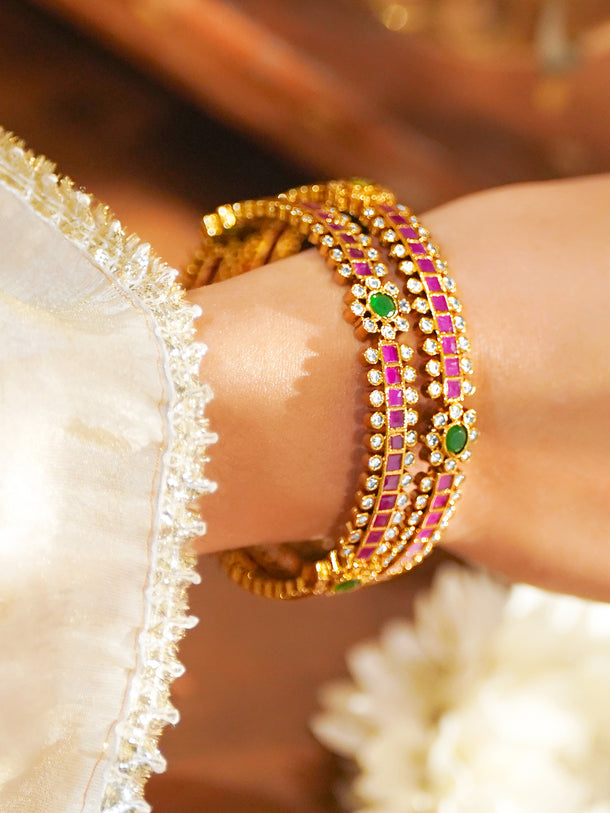 Rubans Set of 2 22K Gold-Plated Brass Ruby , Green & White Cubic Zirconia Floral Bangles