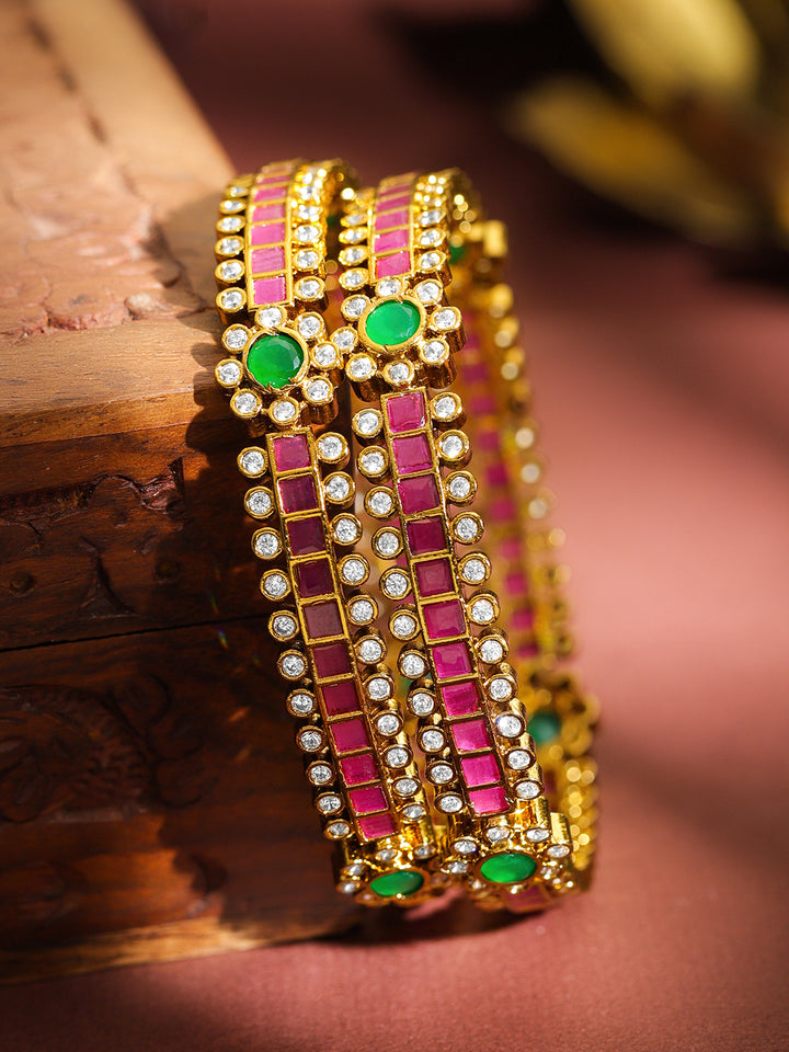 Rubans Set of 2 22K Gold-Plated Brass Ruby , Green & White Cubic Zirconia Floral Bangles