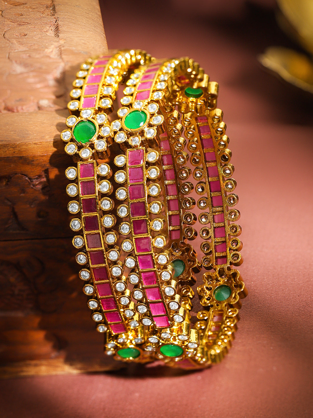 Rubans Set of 2 22K Gold-Plated Brass Ruby , Green & White Cubic Zirconia Floral Bangles