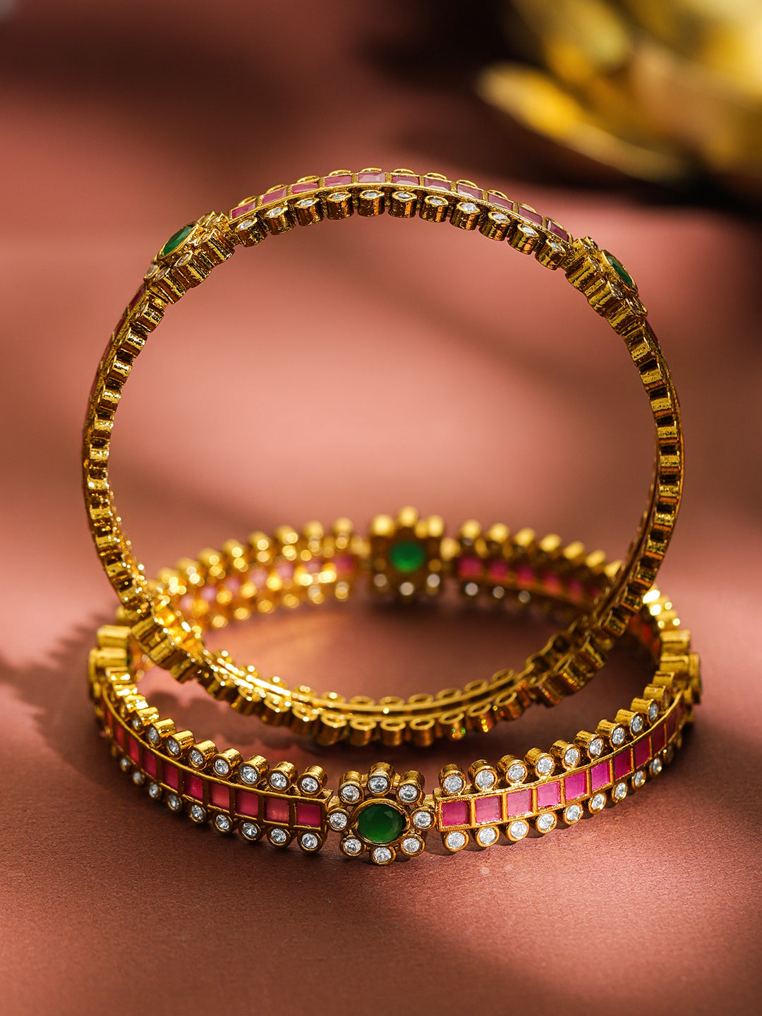 Rubans Set of 2 22K Gold-Plated Brass Ruby , Green & White Cubic Zirconia Floral Bangles