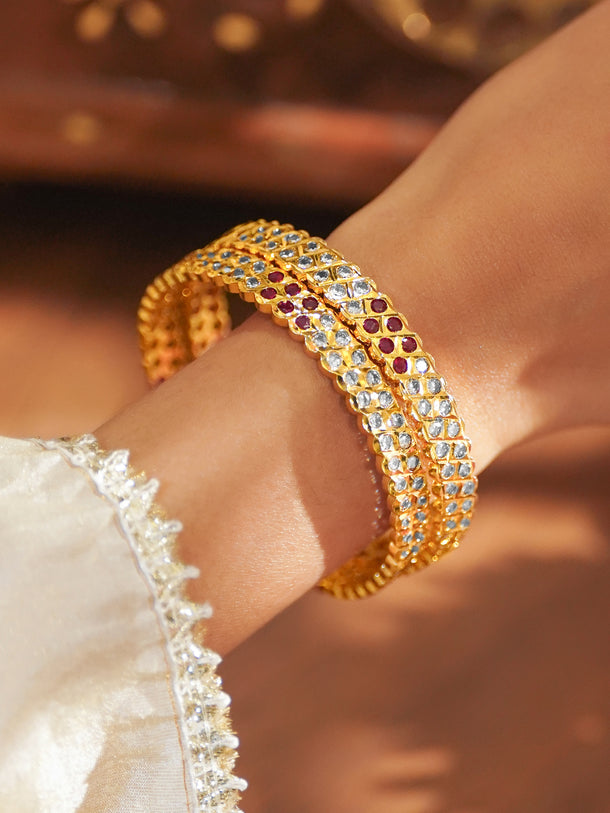 Set Of 2 Pink American Diamond Zirconia Gold Bangles