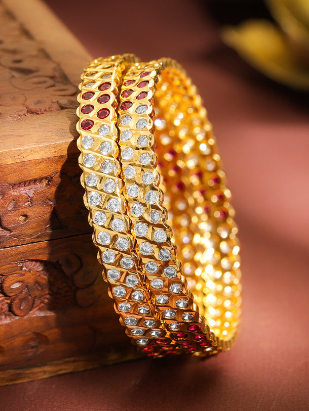 Set Of 2 Pink American Diamond Zirconia Gold Bangles