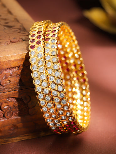 Set Of 2 Pink American Diamond Zirconia Gold Bangles