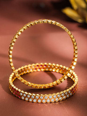 Set Of 2 Pink American Diamond Zirconia Gold Bangles