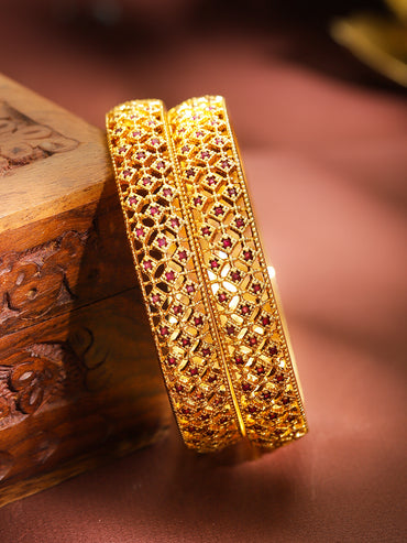 Pink Studded Gold Toned Bangles Set Of 2
