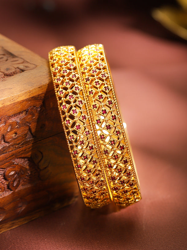 Pink Studded Gold Toned Bangles Set Of 2