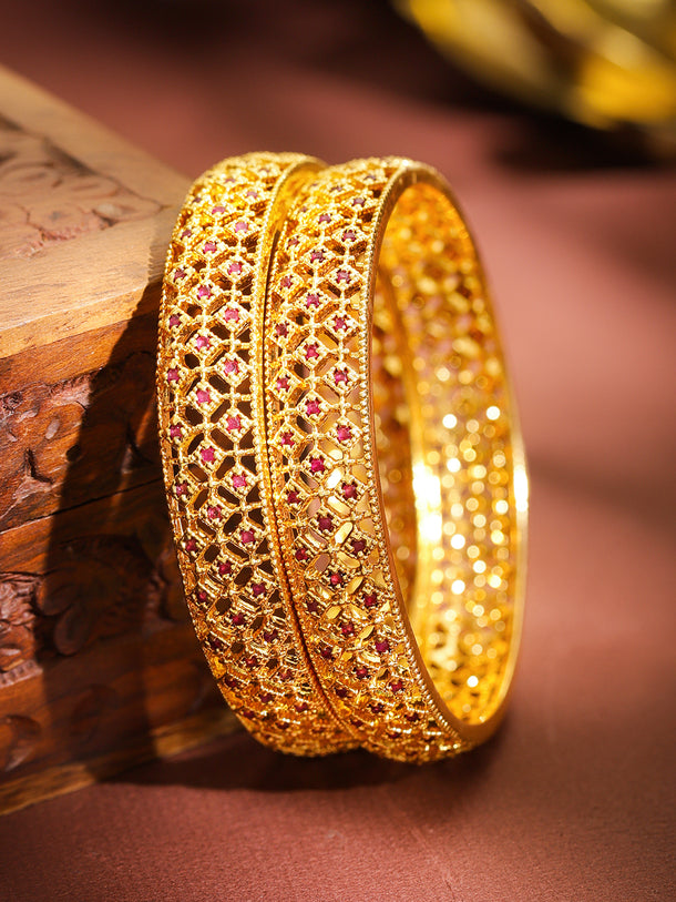 Pink Studded Gold Toned Bangles Set Of 2