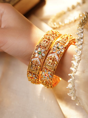 Rubans Set of 2 18K Gold Plated Brass CZ Ruby Emerald Temple Bangles