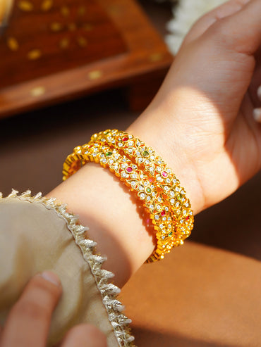 Gold Plated Ruby Emerald Floral Lattice Bangles Set of 2