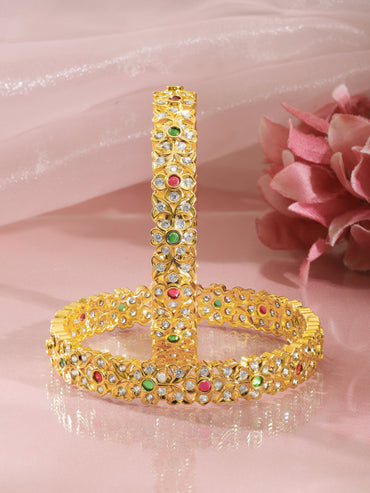Gold Plated Ruby Emerald Floral Lattice Bangles Set of 2