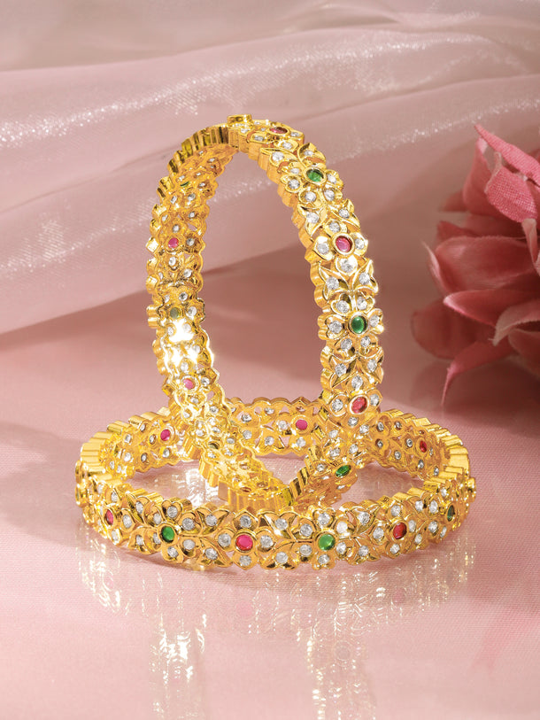 Gold Plated Ruby Emerald Floral Lattice Bangles Set of 2