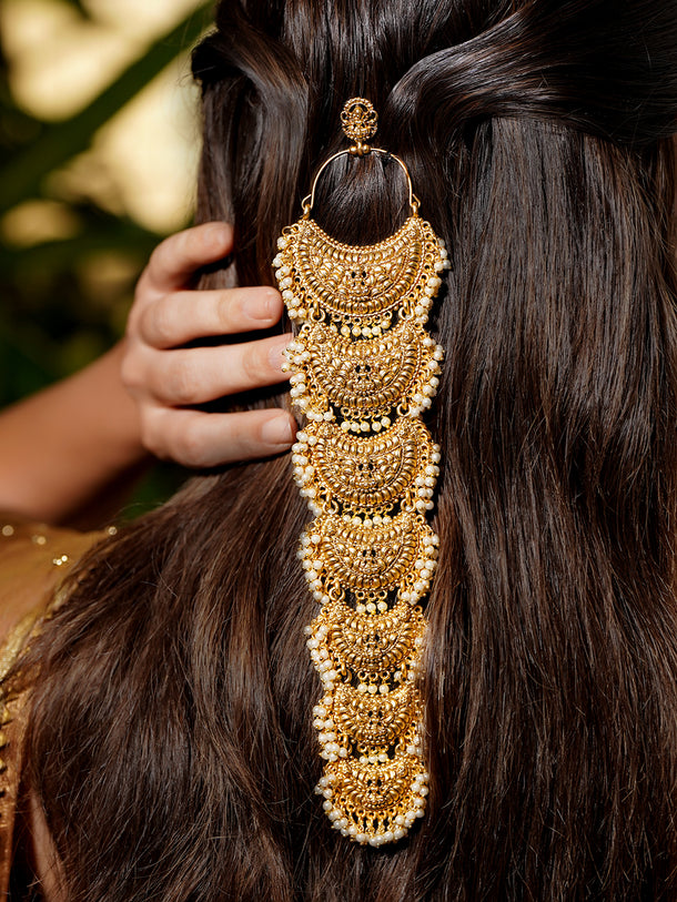 Pearl Embellished Hair Brooch With Laxmi Motif