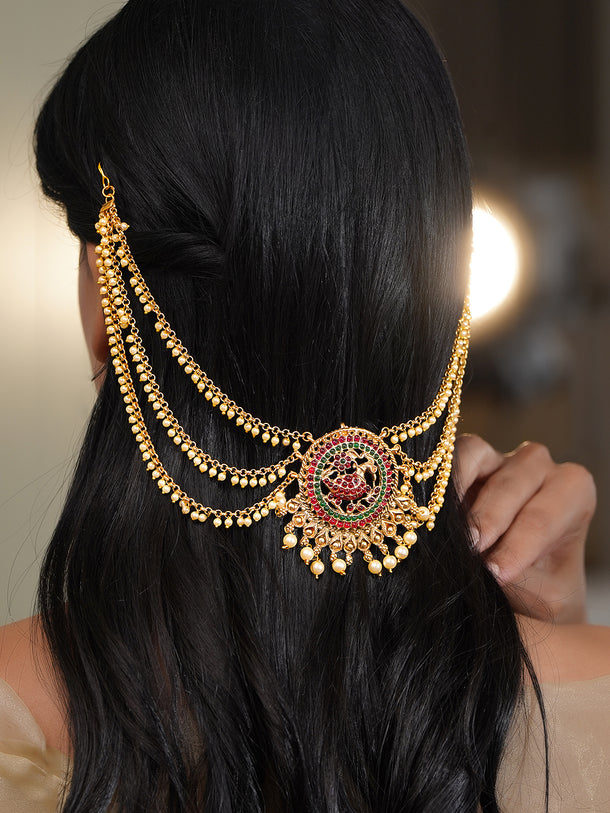 Gold Pearl Layered Bridal Hair Jewellery
