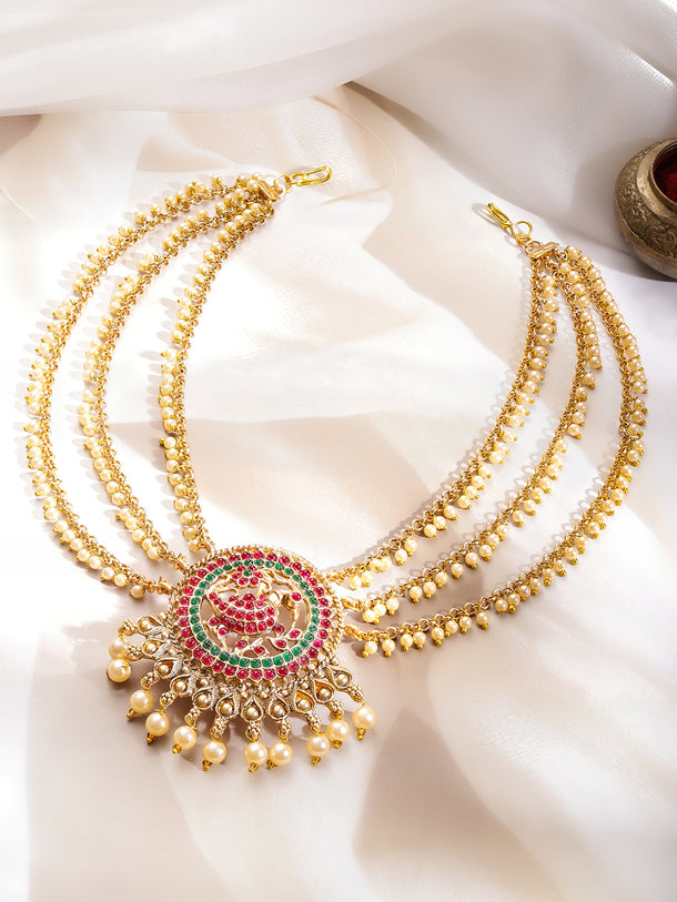 Gold Pearl Layered Bridal Hair Jewellery