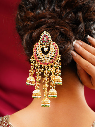 Gold Plated Kundan Pearl Beaded Multicolor Hair Accessory