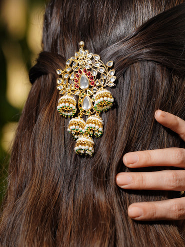 Emerald Mist Rosy Kundan Hair Brooch