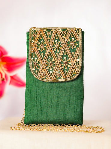 Regal Green Embroidered Festive Mobile Sling Pouch