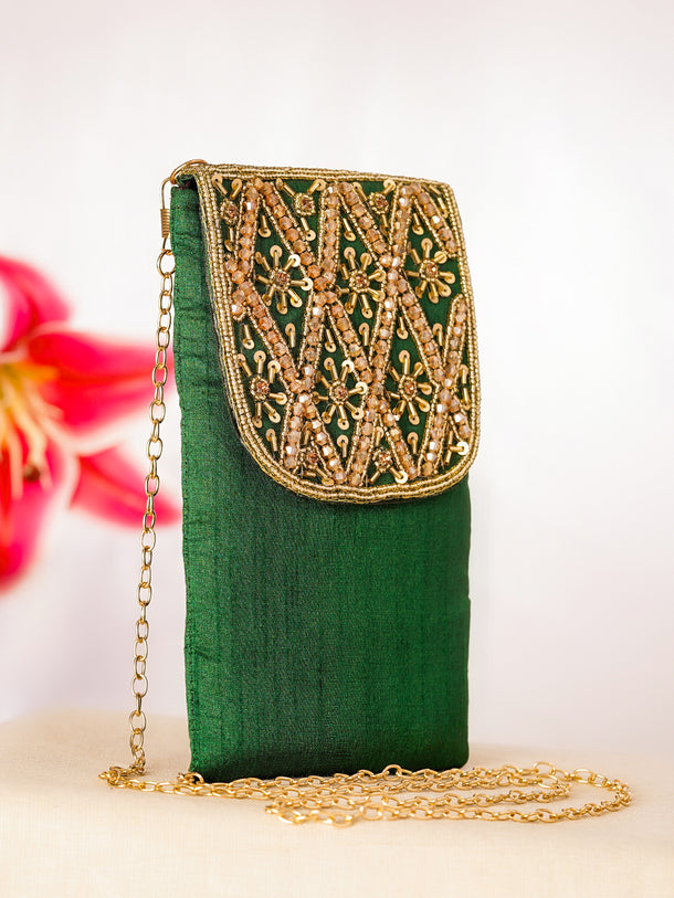 Regal Green Embroidered Festive Mobile Sling Pouch