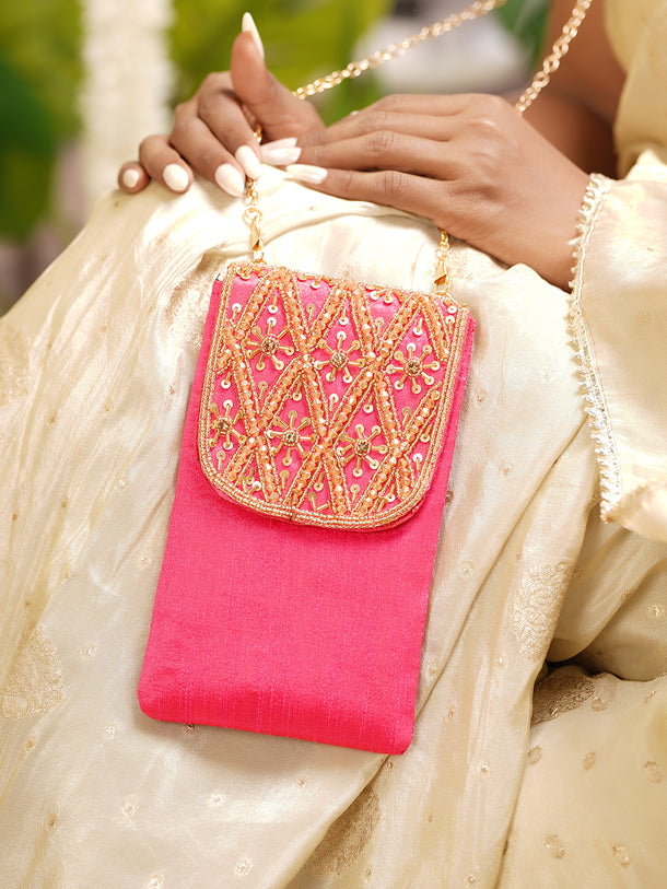 Hot Pink Embroidered Festive Mobile Sling Pouch