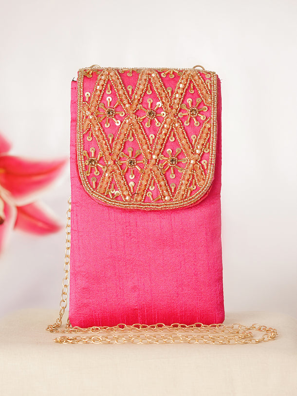 Hot Pink Embroidered Festive Mobile Sling Pouch