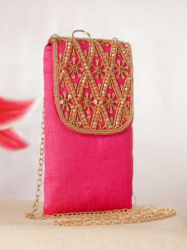 Hot Pink Embroidered Festive Mobile Sling Pouch
