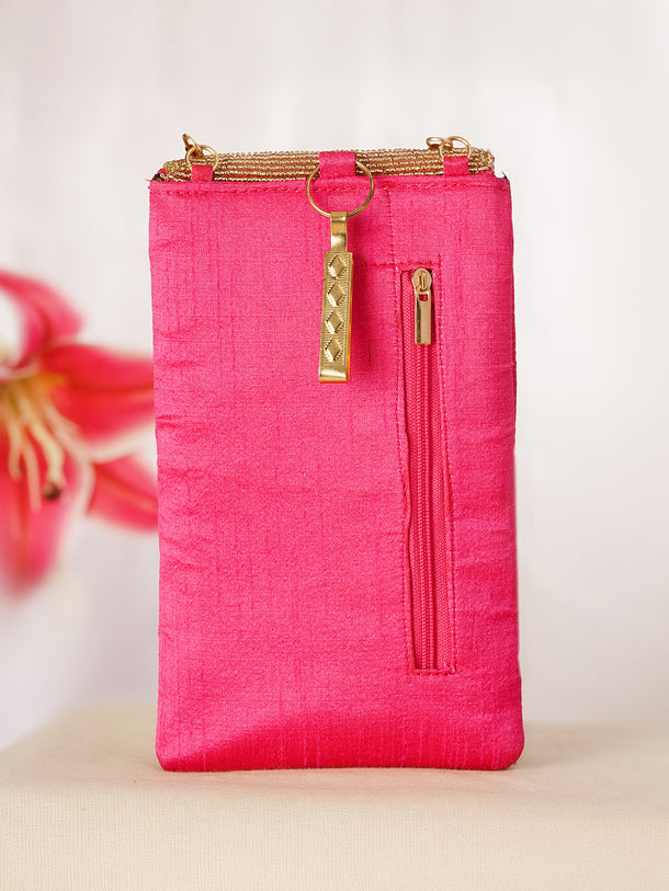 Hot Pink Embroidered Festive Mobile Sling Pouch