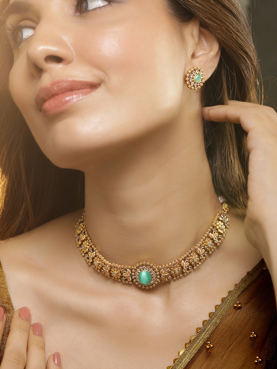 Rubans 24K Gold Plated Ruby, Emerald & White Cubic Zirconia Stone Studded Handcrafted Floral Choker Jewelry Set