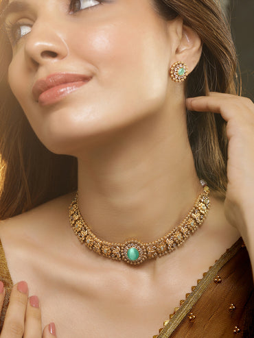 Rubans 24K Gold Plated Ruby, Emerald & White Cubic Zirconia Stone Studded Handcrafted Floral Choker Jewelry Set