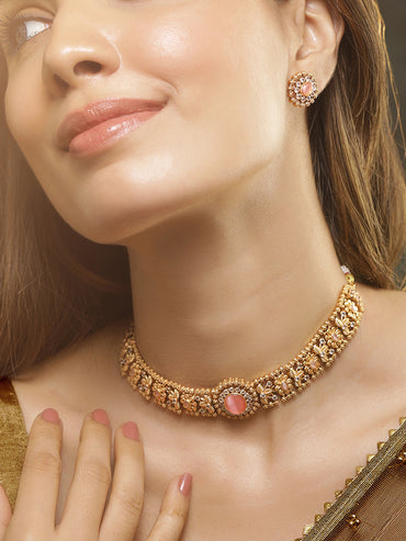 Rubans 24K Gold Plated Ruby, Emerald & White Cubic Zirconia Stone Studded Handcrafted Floral Choker Jewelry Set