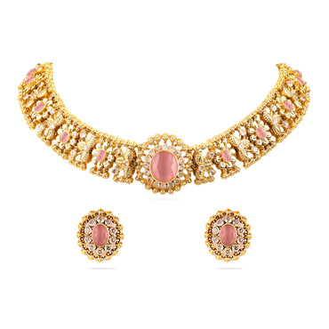 Rubans 24K Gold Plated Ruby, Emerald & White Cubic Zirconia Stone Studded Handcrafted Floral Choker Jewelry Set