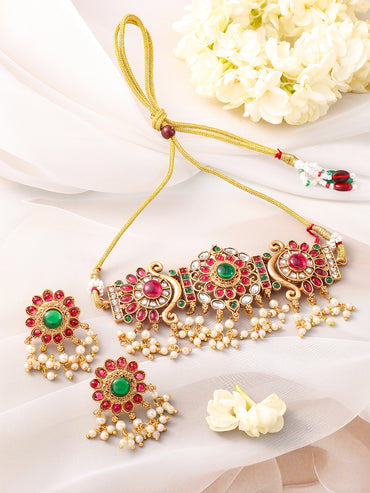 Red & Green Studded Kundan Floral Choker Set