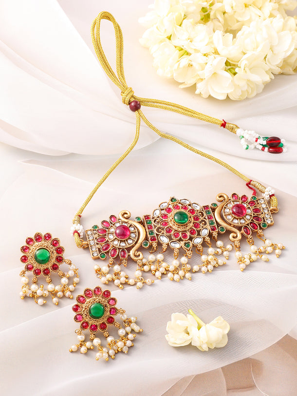 Red & Green Studded Kundan Floral Choker Set