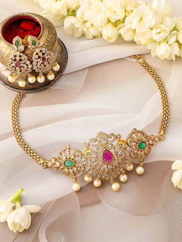 American Diamond Zirconia Necklace Gold Toned Set