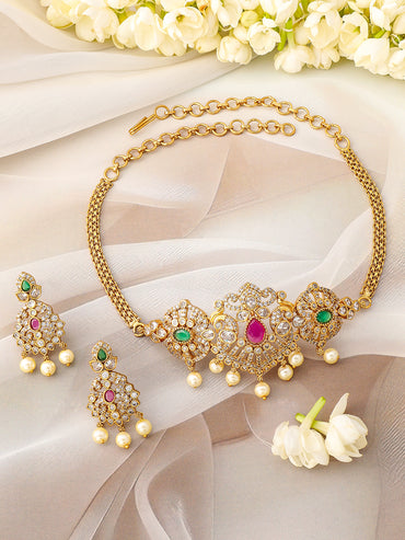 American Diamond Zirconia Necklace Gold Toned Set