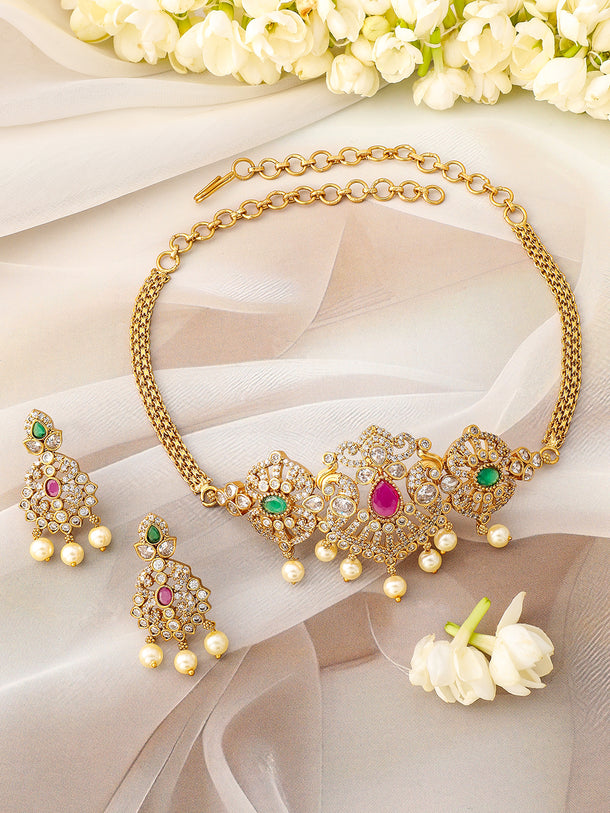American Diamond Zirconia Necklace Gold Toned Set
