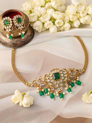 American Diamond Zirconia Green Beaded Necklace Set