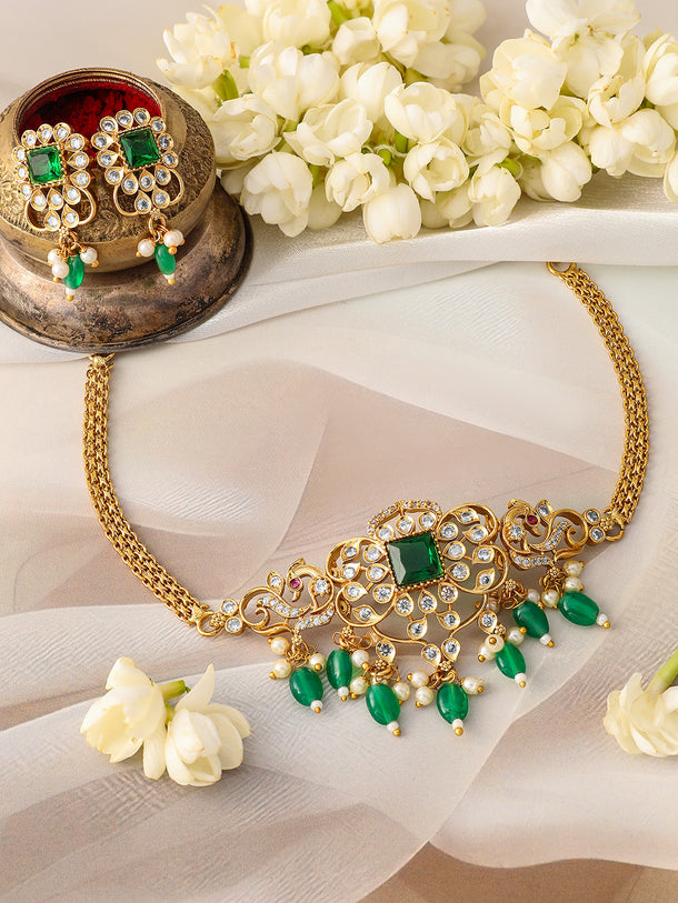 American Diamond Zirconia Green Beaded Necklace Set