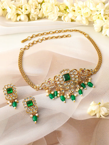 American Diamond Zirconia Green Beaded Necklace Set