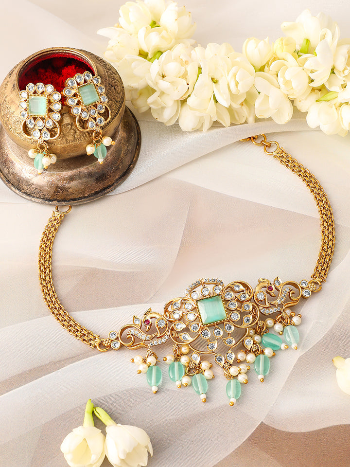 Rubans 22K Gold Plated Aqua Green & Cubic Zirconia Choker Set with Green & Pearl Beads