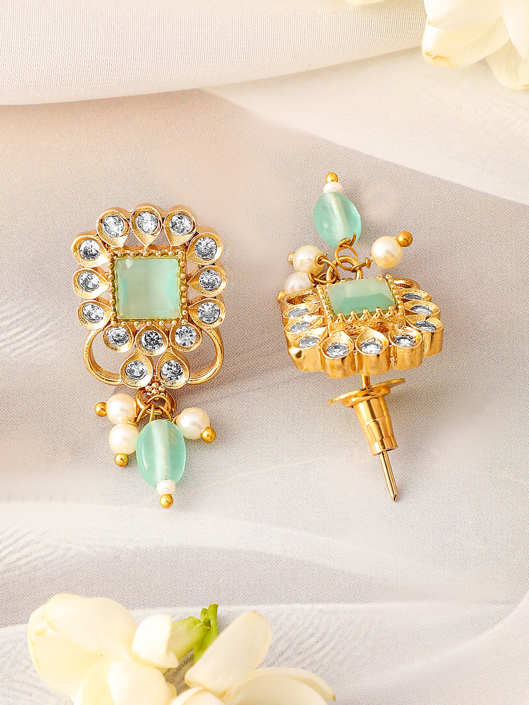 Rubans 22K Gold Plated Aqua Green & Cubic Zirconia Choker Set with Green & Pearl Beads