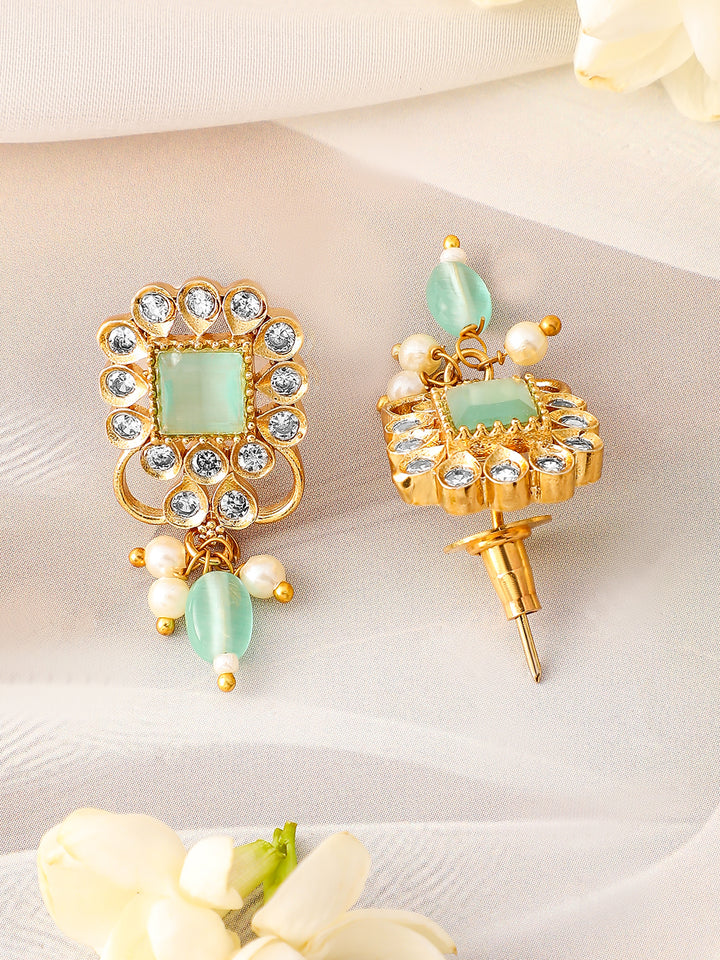 Rubans 22K Gold Plated Aqua Green & Cubic Zirconia Choker Set with Green & Pearl Beads