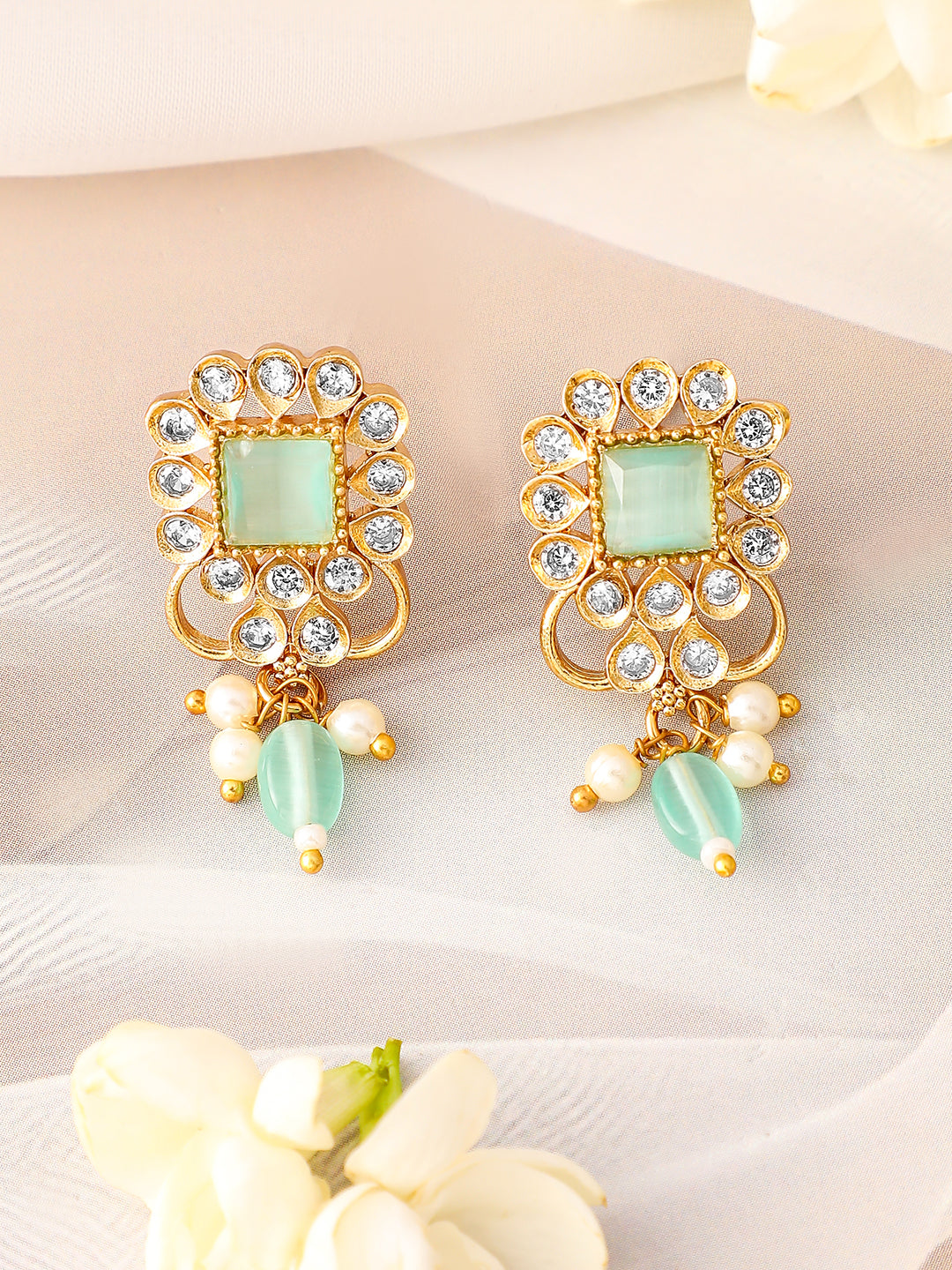 Rubans 22K Gold Plated Aqua Green & Cubic Zirconia Choker Set with Green & Pearl Beads