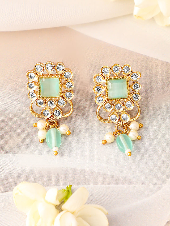 Rubans 22K Gold Plated Aqua Green & Cubic Zirconia Choker Set with Green & Pearl Beads