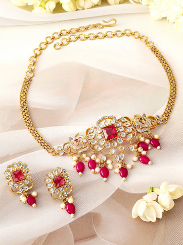 Red & White American Diamond Zirconia Necklace Set