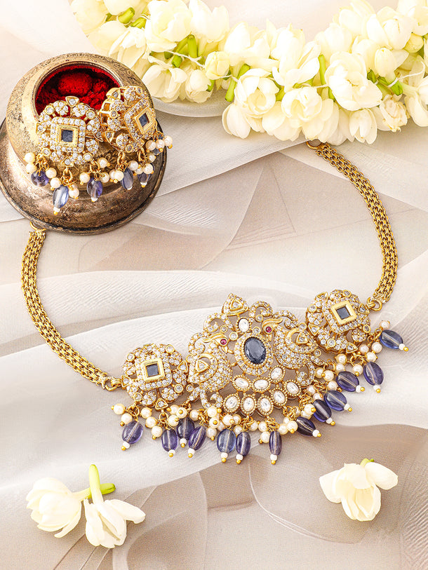 American Diamond Zirconia Blue Beaded Necklace Set