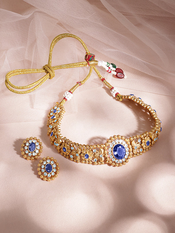 Blue Floral Gold Choker Set