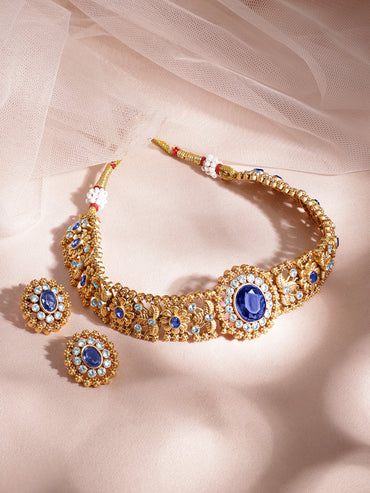 Blue Floral Gold Choker Set