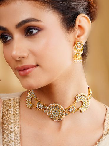 Kundan Pearl Crescent Floral Choker Set