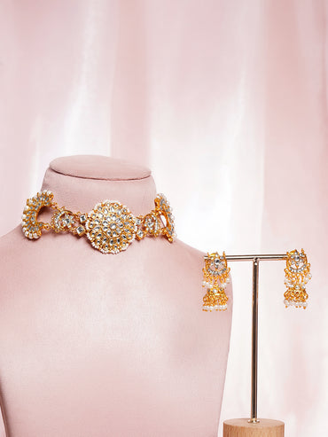 Kundan Pearl Crescent Floral Choker Set