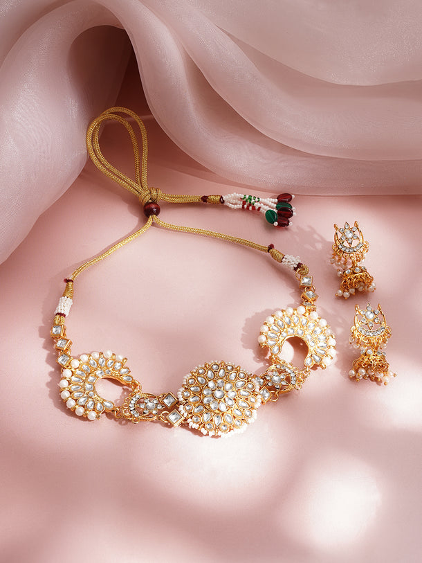 Kundan Pearl Crescent Floral Choker Set